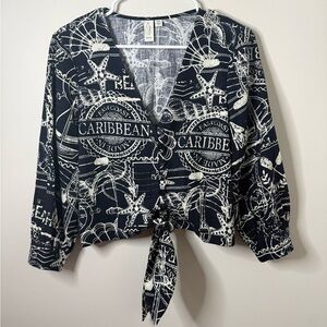Joie Navy & White Linen Blend Nautical Print Tie-Front Blouse Size M